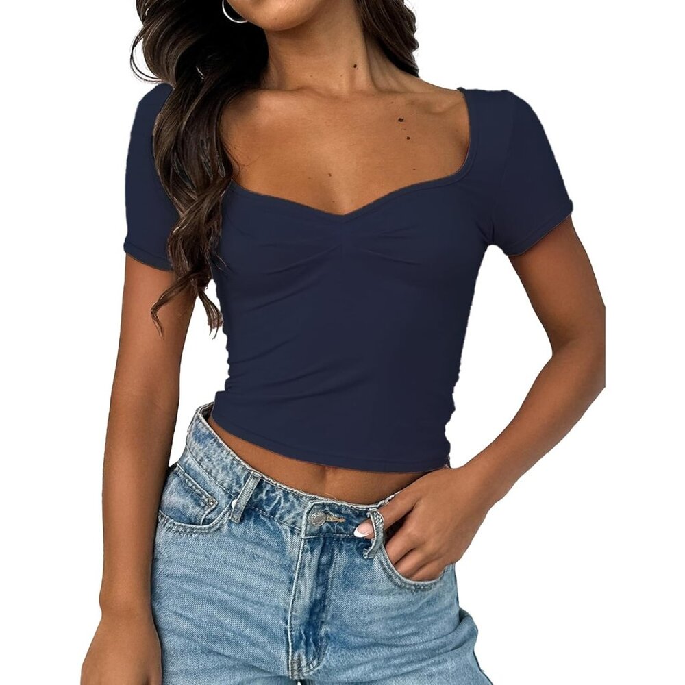 Women's Cropped Tops Navy Blue Short Sleeve Pleated Ruched Y2K Sweetheart Neck